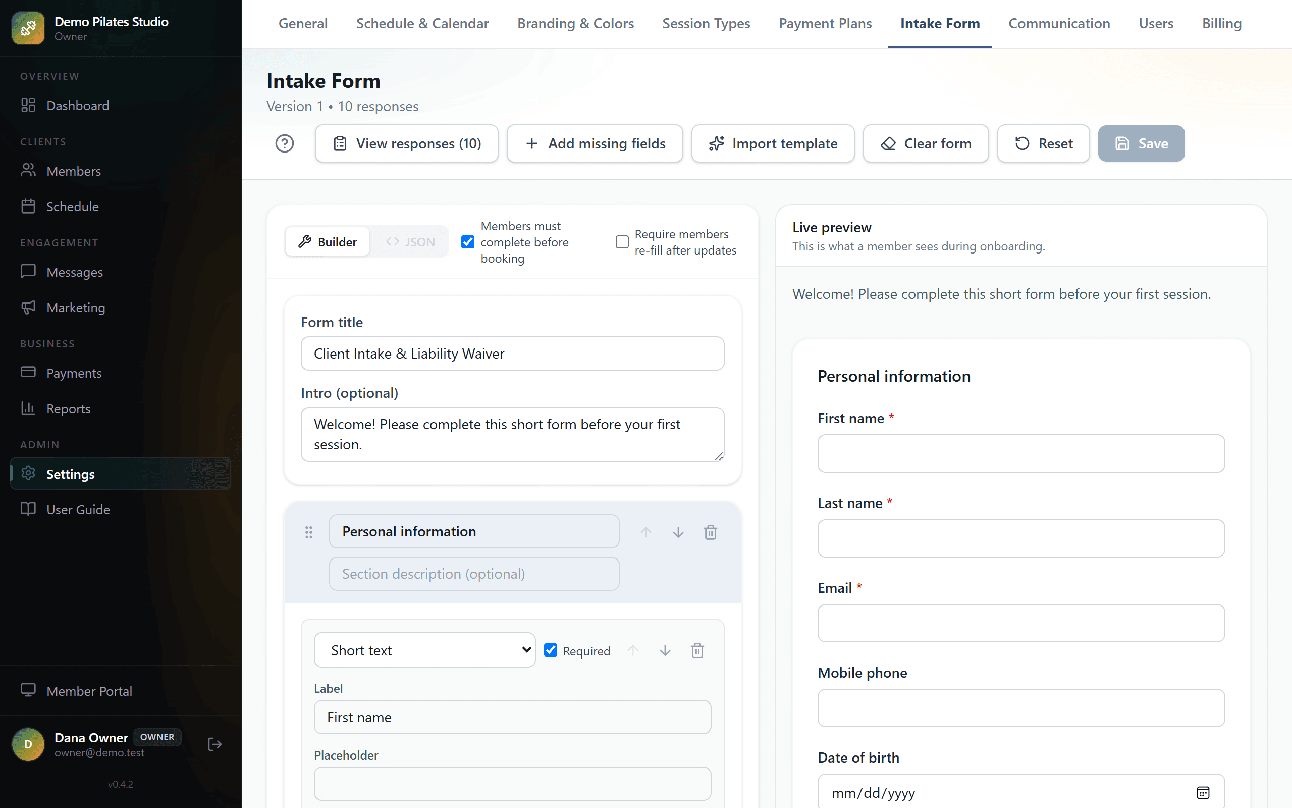 The intake form builder, with a live preview of what members see.