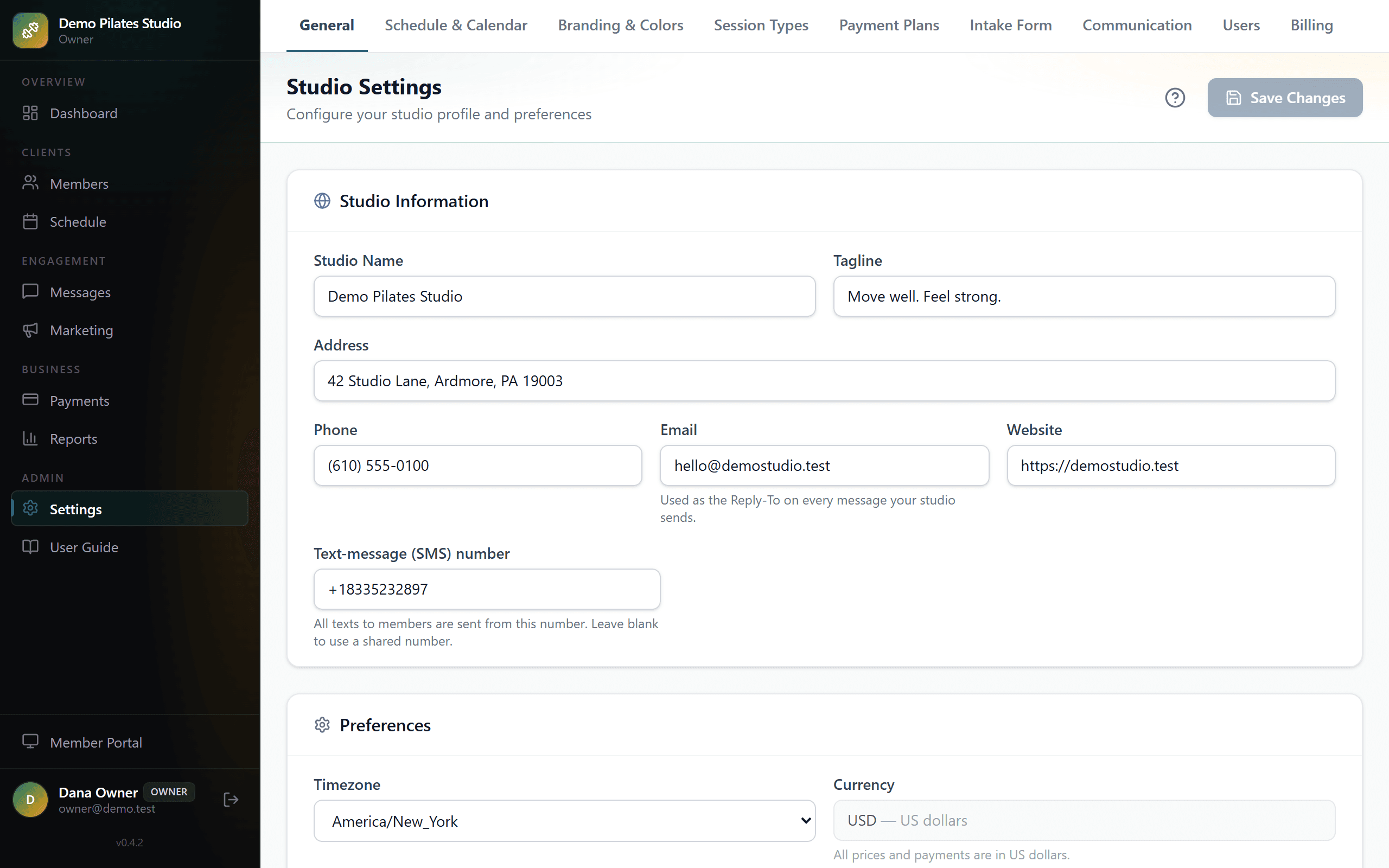 Studio settings, where the studio's own details and defaults are configured.